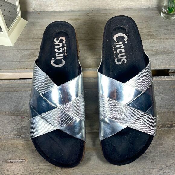 Circus by Sam Edelman Allison Silver Metallic Slides Sandals Birkenstock - Picture 4 of 8
